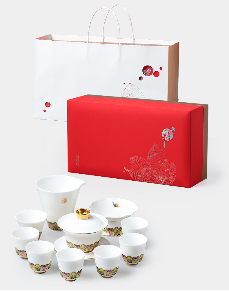 Dehua white porcelain clay seal kung fu tea set suit household contracted a visitor suet jade porcelain office tea gift boxes