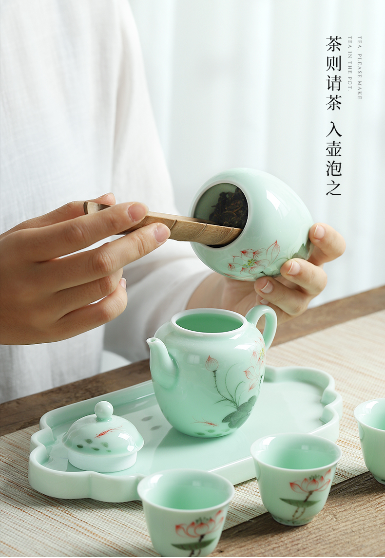 Mud seal celadon kung fu tea set simple hand - made travel all - in portable blister tray caddy fixings ceramic teapot