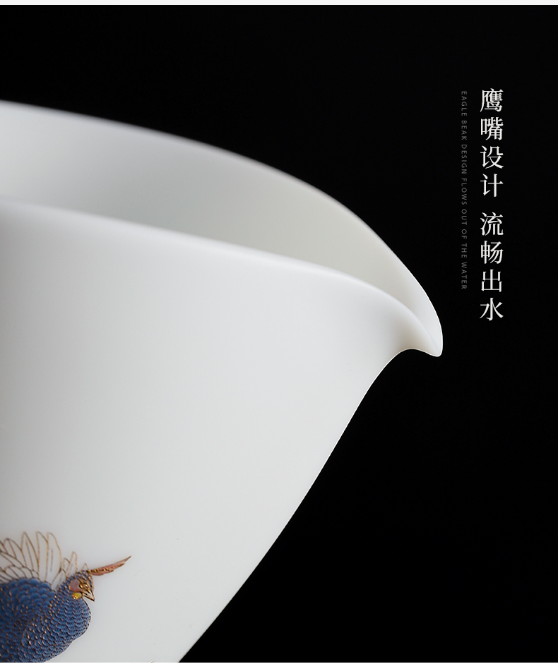 Dehua suet white porcelain clay seal kung fu tea set suit household peacock harmony of a complete set of gift box office to receive a visitor