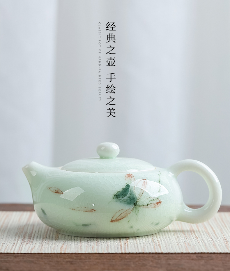 Mud seal kung fu tea set suit household contracted Japanese green lotus glaze ceramic teapot hand - made teacup gift boxes