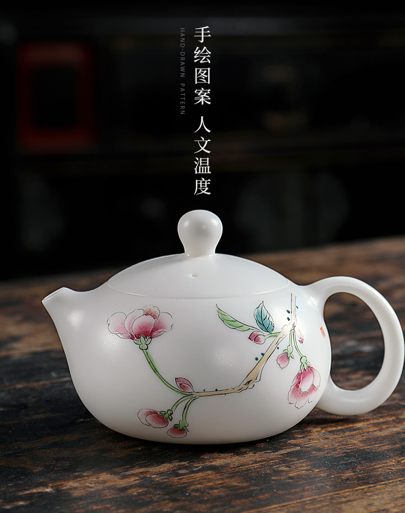 Mud seal cherry blossom put kung fu tea set suit household contracted hand - made China dehua white porcelain suet white jade cup teapot