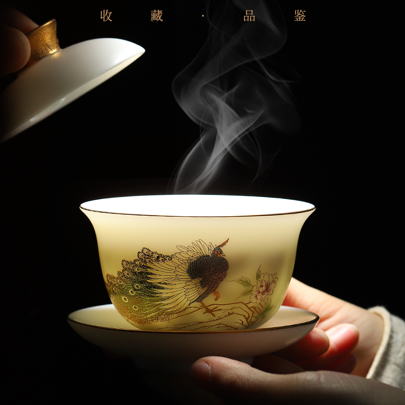 Dehua suet white porcelain clay seal kung fu tea set suit household peacock harmony of a complete set of gift box office to receive a visitor