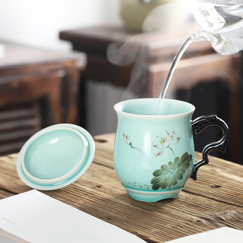 Cup suit household contracted with cover hand - made ceramic Cup longquan celadon male custom Cup children lotus tea Cup