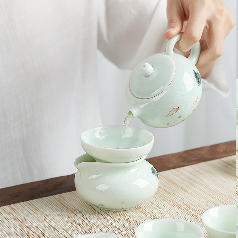 Mud seal kung fu tea set suit household contracted Japanese green lotus glaze ceramic teapot hand - made teacup gift boxes