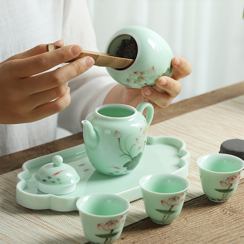 Mud seal celadon kung fu tea set simple hand - made travel all - in portable blister tray caddy fixings ceramic teapot