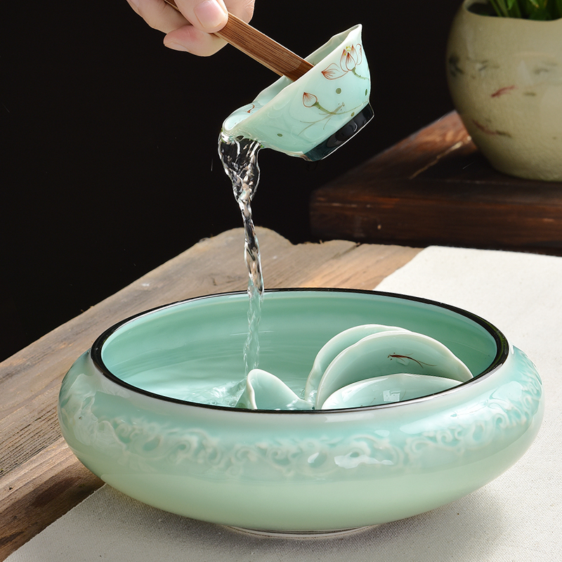 Longquan celadon hand - made mud seal large tea to wash to the writing brush washer for wash basin of wash water jar ceramic household kung fu tea accessories