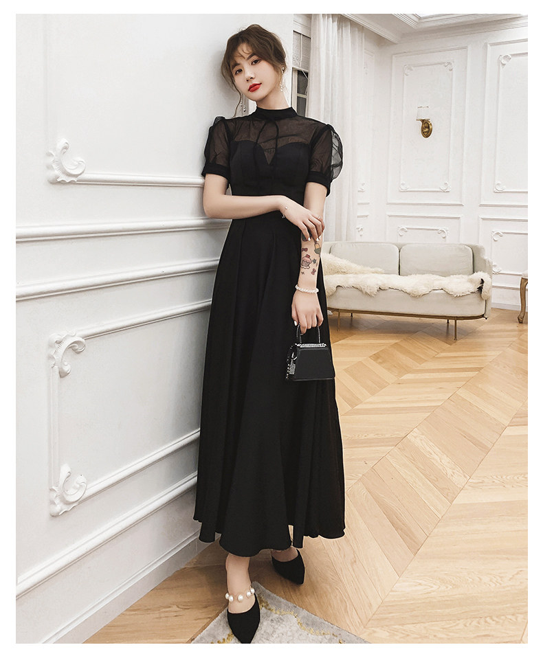 オケージョン ドレス シアー切替ハイネック半袖ロング丈ワンピース