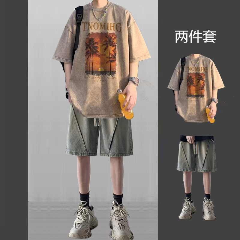 美式复古短袖t恤套装男夏季潮流高街穿搭牛仔短裤薄款休闲一整套