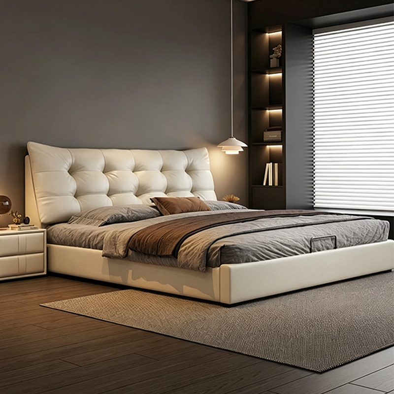 Minimalist Black Leather Bed for Guest Bedroom, Double Bed with Soft Upholstery and Drawer Storage for Master Bedroom