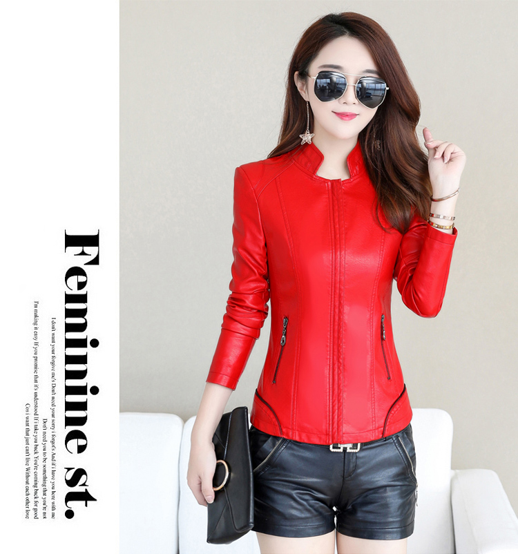 Mùa xuân và mùa thu 2018 Áo khoác da nữ mới ngắn Slim Thin Hàn Quốc Kích thước lớn Nữ đứng cổ áo khoác da áo da