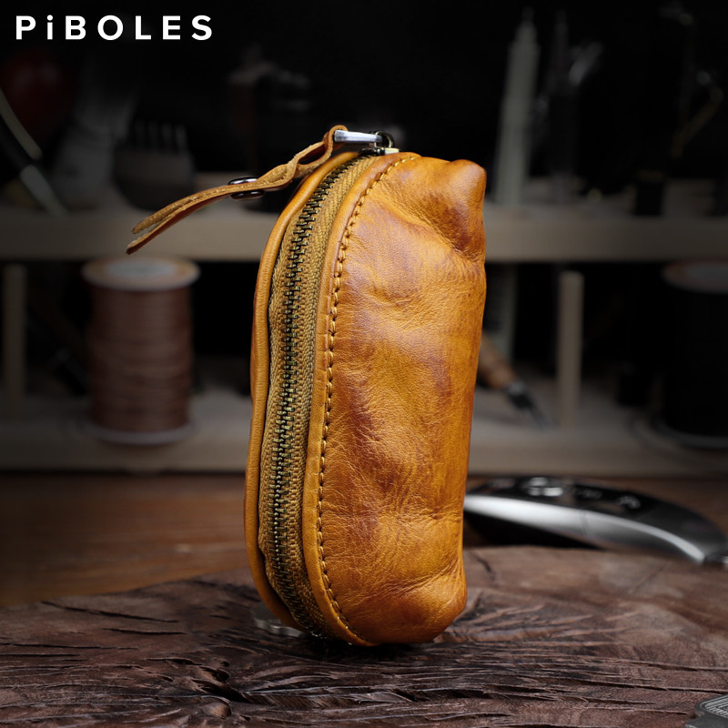 Head layer Implanted Cow Leather Car Key Bag Men And Women Personality Versatile Zero Wallet Handmade Retro Genuine Leather storage bag