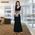 Hộp đêm phụ nữ gợi cảm cổ thấp lưới nhìn xuyên váy dài tính khí váy ren mỏng phù hợp với nàng tiên cá váy dạ hội - Váy dài