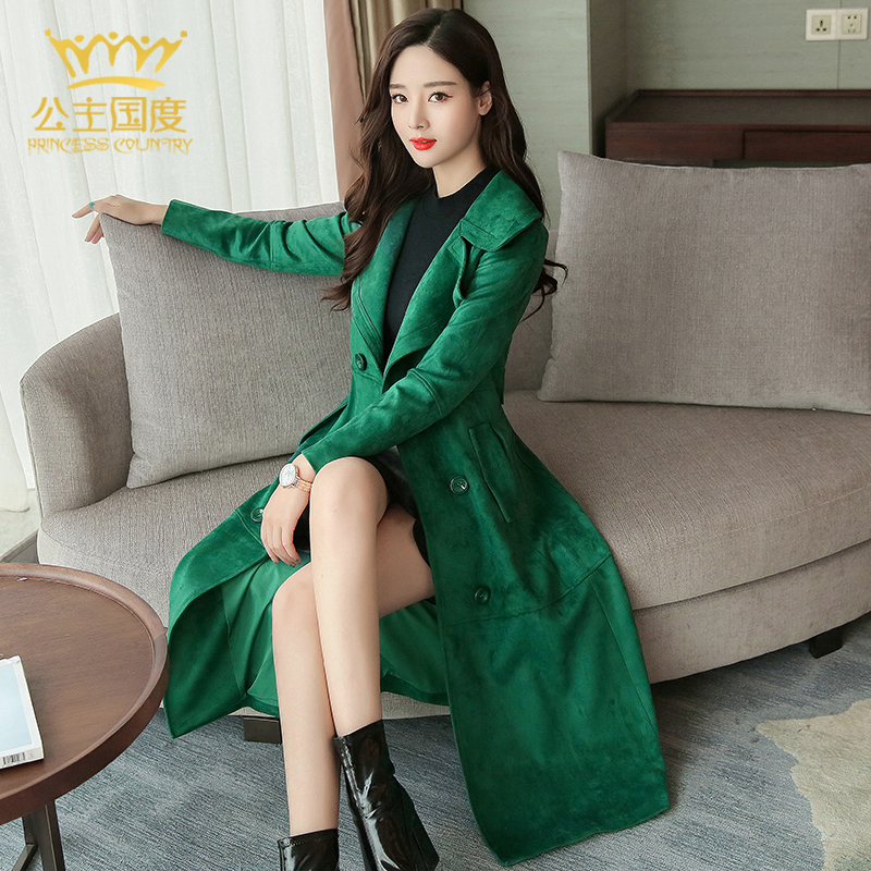 Princess Kingdom High-End Suede Slim-Fit Over-The-Knee Long Trench Coat for Women 2025 Spring and Autumn New Style