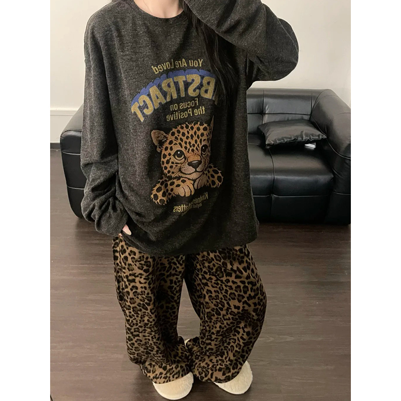American Retro Leopard Print Letter T-Shirt Pajamas for Women, Spring & Fall New Style, Lazy Style, Loose Leopard Print Pants, Home Suit