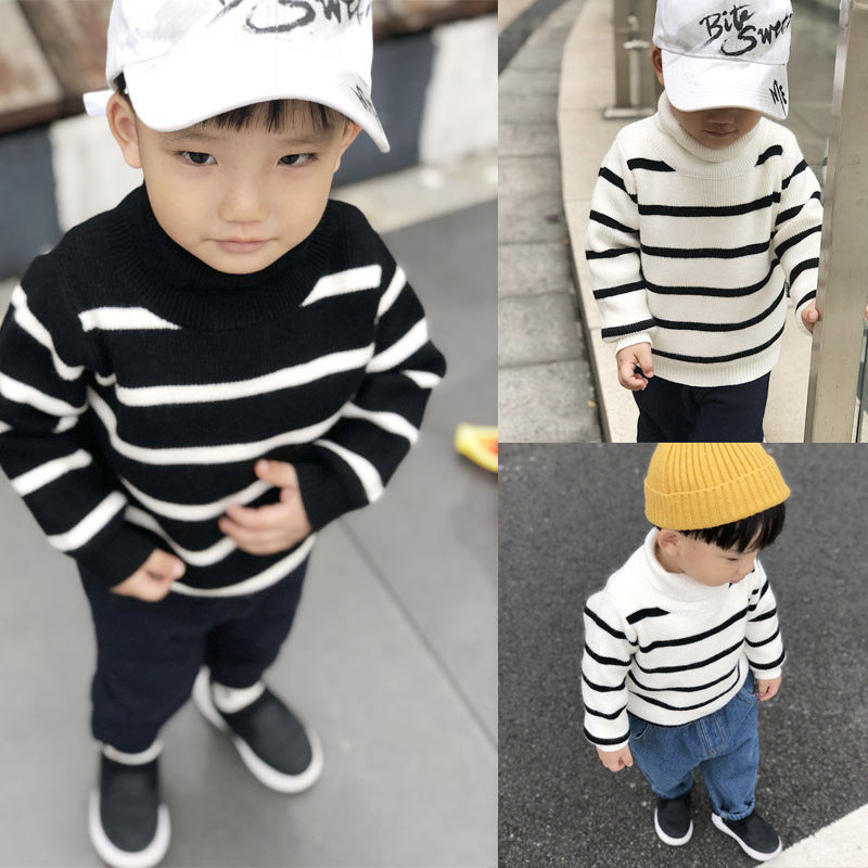 Baby clothes baby winter clothes boys turtleneck sweater plus velvet padded sweater children's striped inner clothes