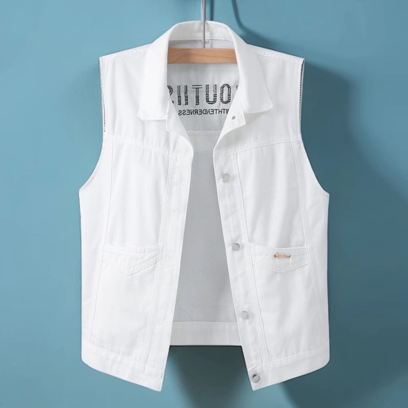 Embroidered White Denim Vest Short Jacket for Men, Spring and Autumn 2025 New Korean Style Loose Vest Top