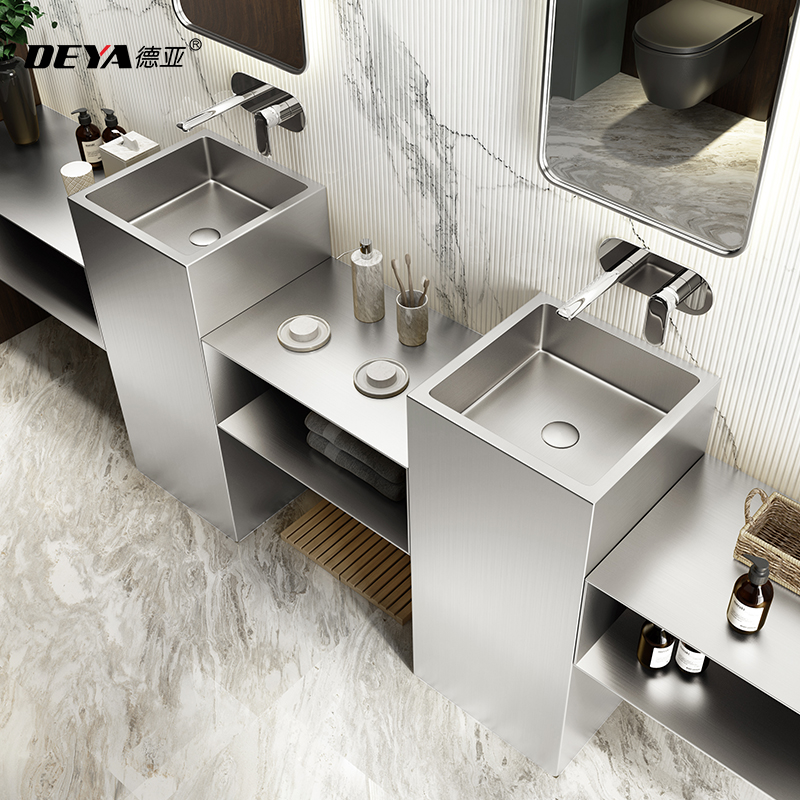 Stainless steel column basin bar square integrated table basin upright type washbasin hotel Home floor washing basin