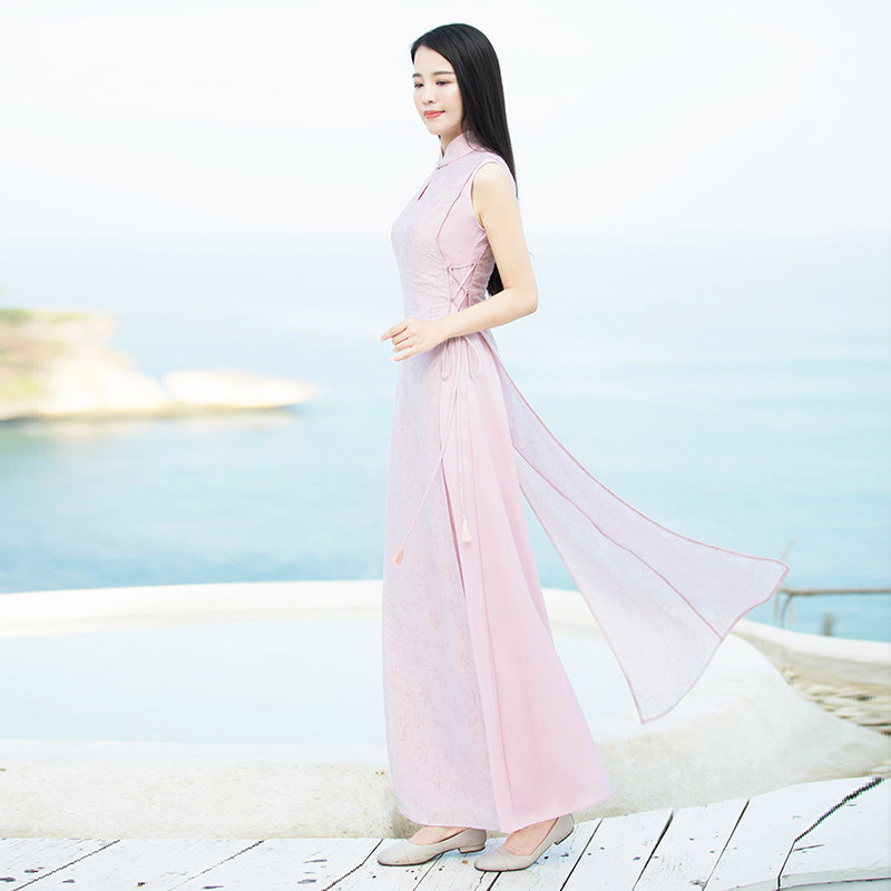 Early Cicada original design Summer women's clothing improved Chinese cotton and hemp Cheongsam slim Odai sleeveless long version dress