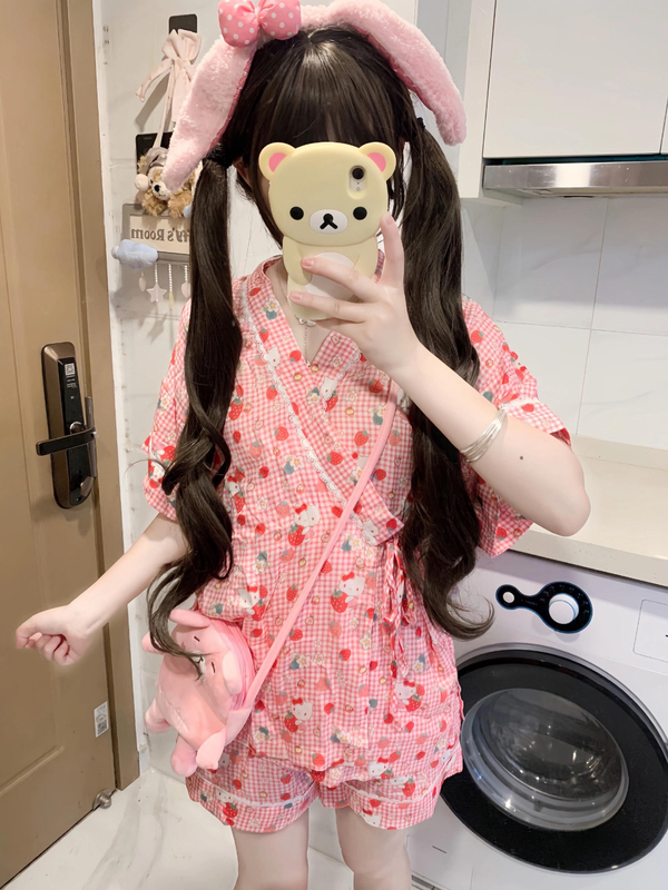 Japanese Style Strawberry Kitty Cat Print Pajamas for Women 2025 Summer New Cute Girl Loose Home Clothes Set