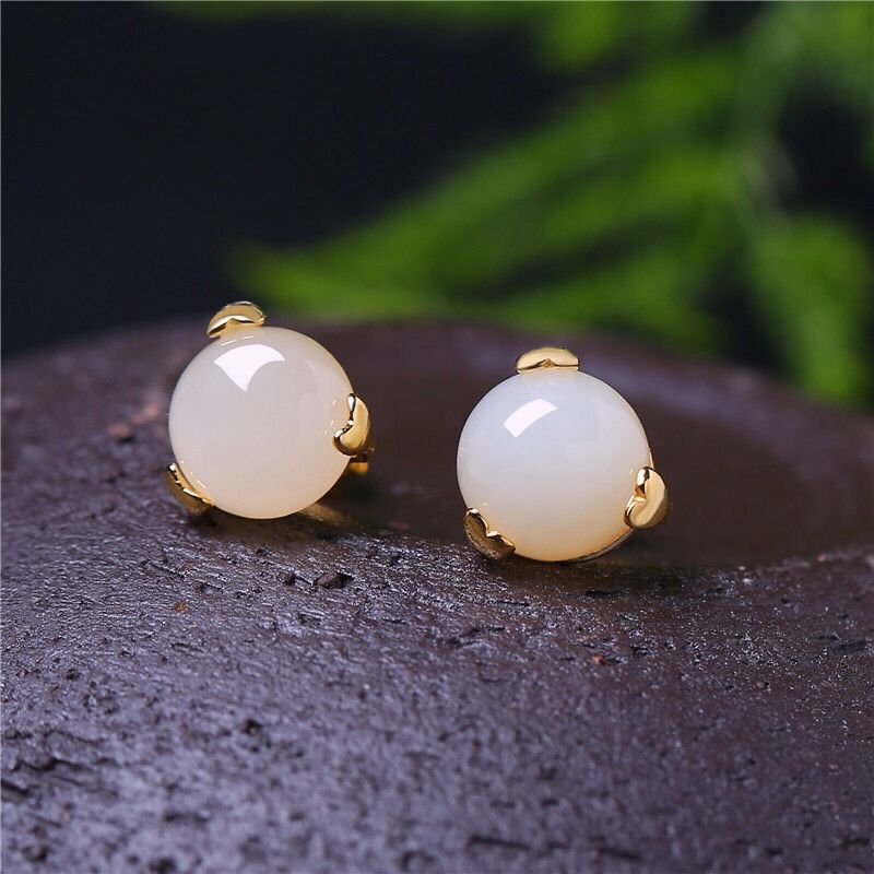 Xinxuan and natural fields white jade earring ear accessories S925 silver inlaid jade earrings earrings earrings in simple classic style