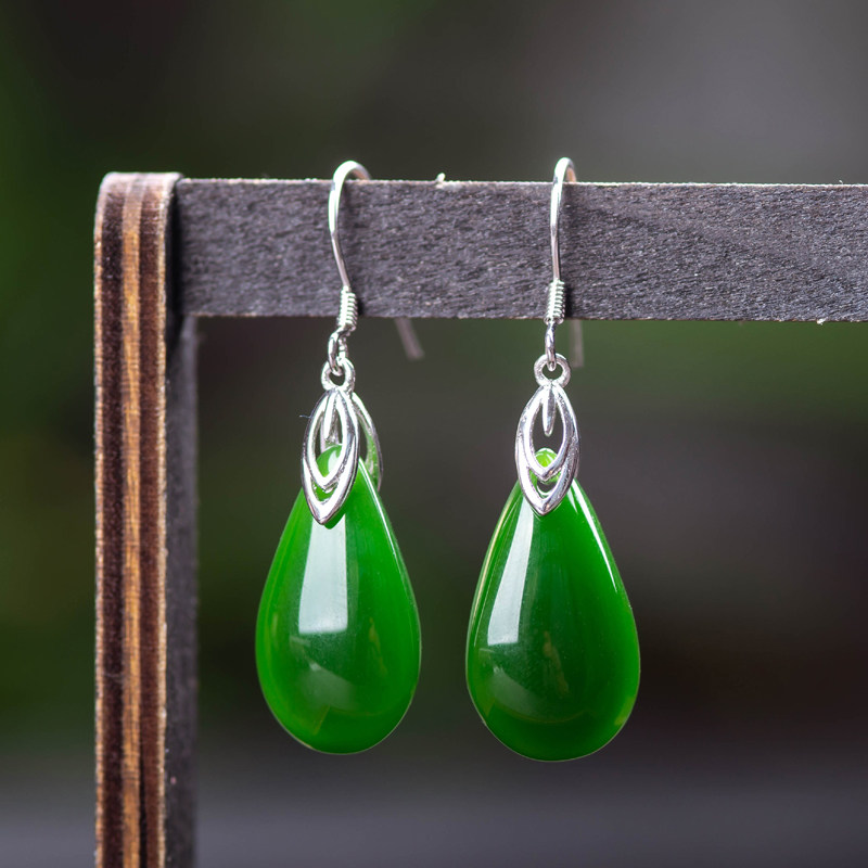S925 Silver and Tian Jade Drop Earring with a thin long ear crash with Classical Ear Decoration Belt certificate