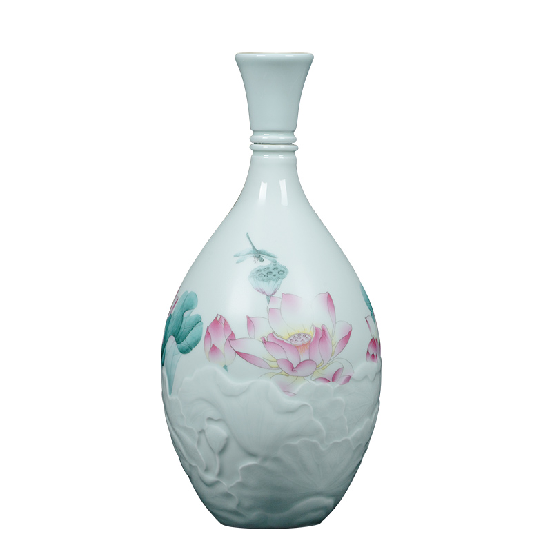 Jingdezhen ceramic jar three catties 375 ml of household antique carved lotus mercifully bottle liquor hip flask