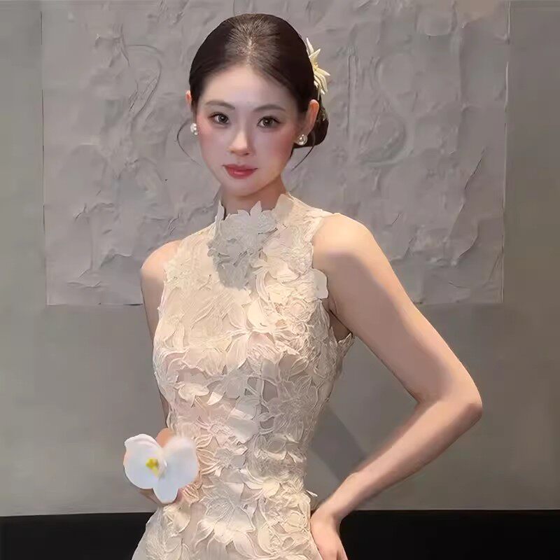 Новое свадебное платье cheongsam в китайском стиле с сертификатом для официальных мероприятий, достойное белое жаккардовое платье на бретельках из тяжелой промышленности