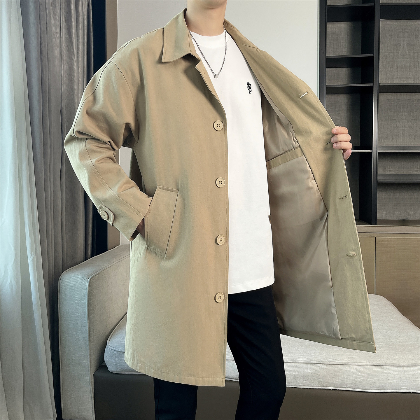 Must-have for spring/autumn 2025! khaki trench coat with notch lapel ...