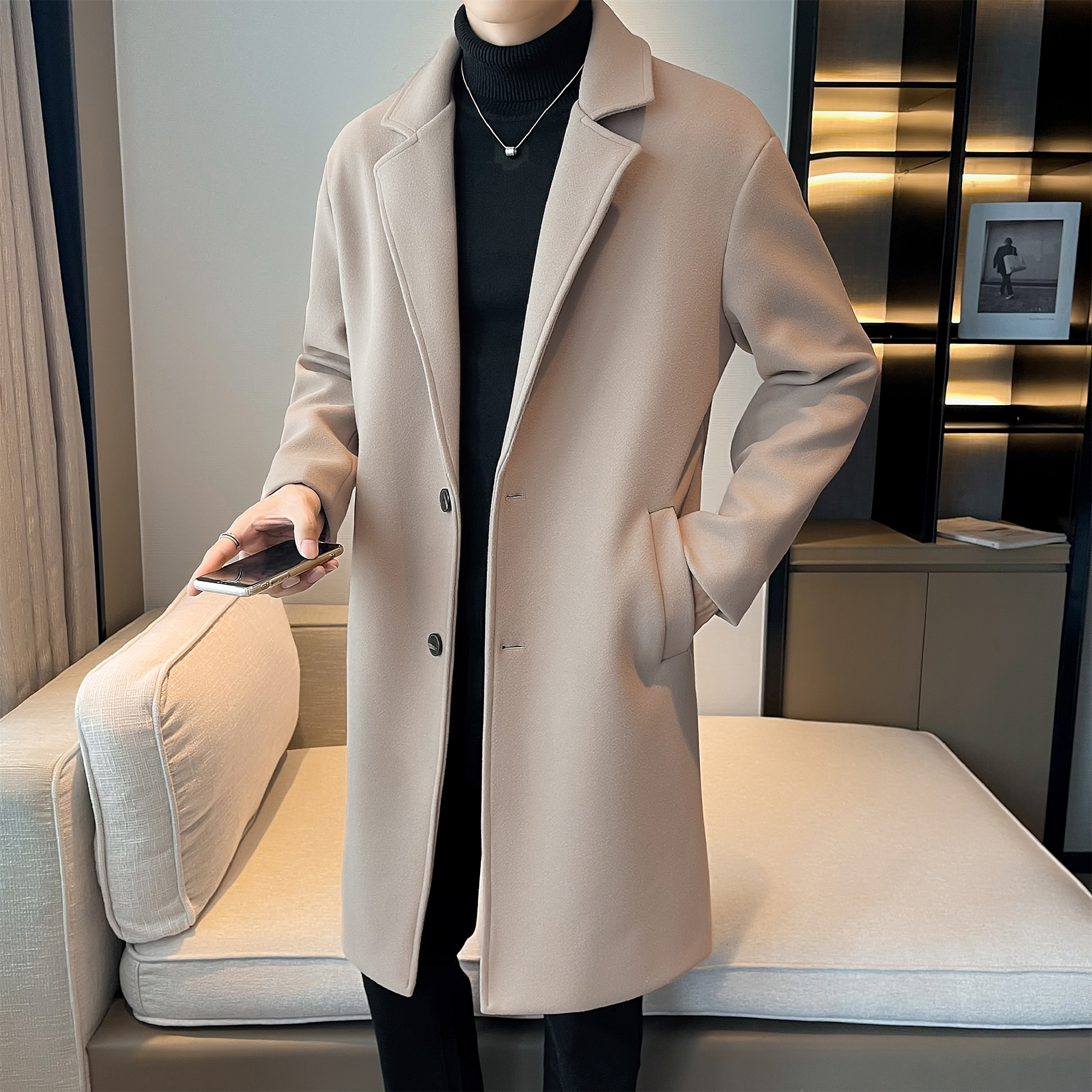 Осенне-зимнее шерстяное пальто, мужская модная плотная ветровка средней длины, мужское свободное молодежное шерстяное пальто цвета хаки