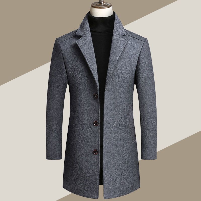 New Autumn and Winter Woolen Coat Men's Jacket Suit Collar Casual Thickened Coat Middle-Aged and Elderly Men's Clothing Mid-Length Trench Coat