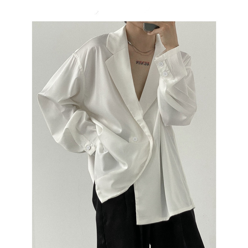 Spring and Autumn Men's Long-Sleeved Shirt with a High-End Feel, Summer White Ice Silk Thin Drapey V-Neck Suit Collar Shirt, Cuban Collar