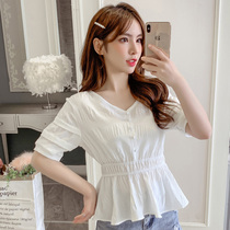 V-neck chiffon shirt womens short-sleeved 2021 new skirt waist small shirt summer fashion western style ruffle top