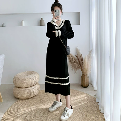 Черное осеннее шерстяное платье, брендовое длинное трикотажное платье, 2025 года, свободный крой, длина макси