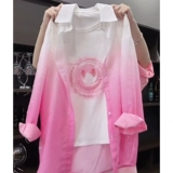 Летняя розовая белая рубашка, футболка, свободный крой, короткий рукав