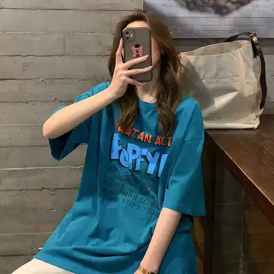 Blue fashion design sense Harajuku style short sleeve T-shirt female 2021 new summer Tide brand Cotton design feel top