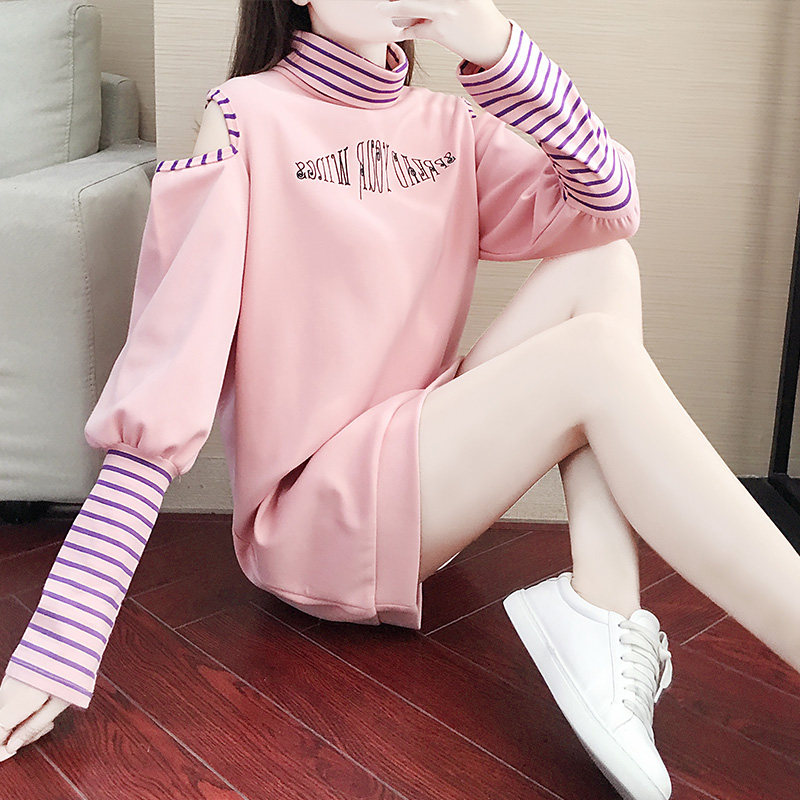 Spring and autumn long version of thick cotton T female thin section 2022 new tide and autumn section Long sleeves Korean version loose high collar medium long version of foreign dress