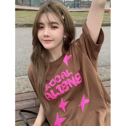 Летняя тонкая розовая брендовая футболка, коллекция 2022, популярно в интернете, оверсайз, короткий рукав