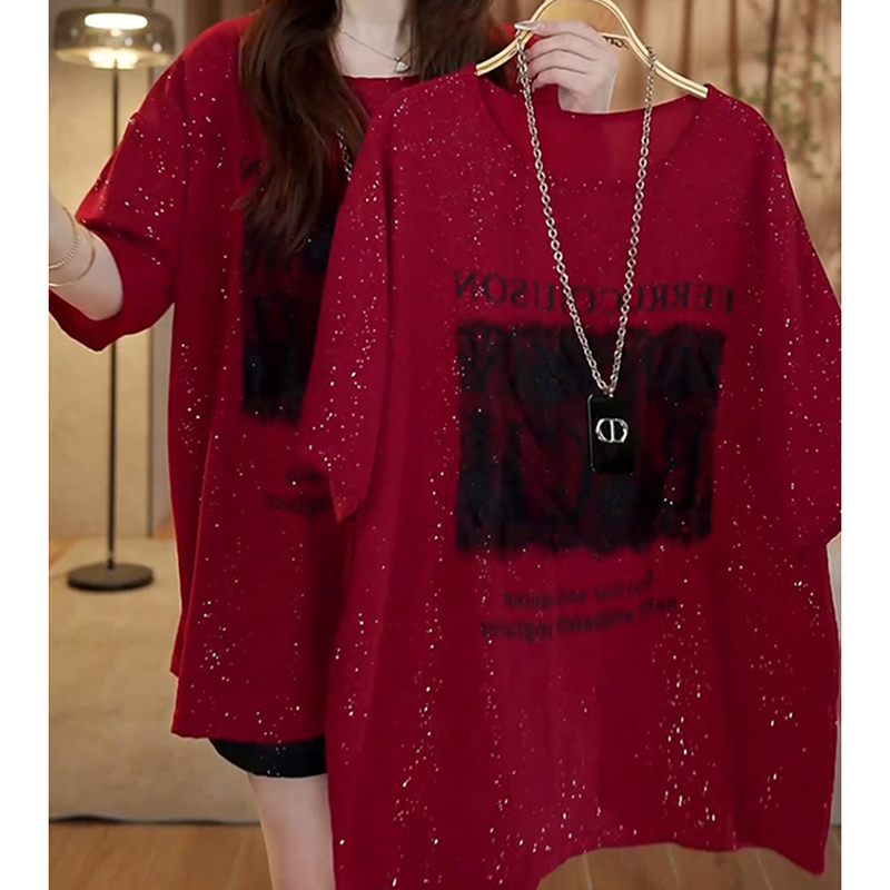 Lace Patchwork Fashion T-Shirt for Women, Short-Sleeved, Mid-Length, Summer Design, Shiny, Loose, Oversized, Butt-Covering Top Lace Patchwork Fashion T-Shirt for Women, Short-Sleeved, Mid-Length, Summer Design, Shiny, Loose, Oversized, Butt-Covering Top