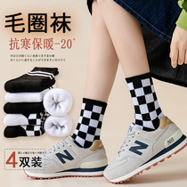 Checkerboard socks womens autumn and winter thickening and velvet socks net red black and white plaid terry stockings winter tide