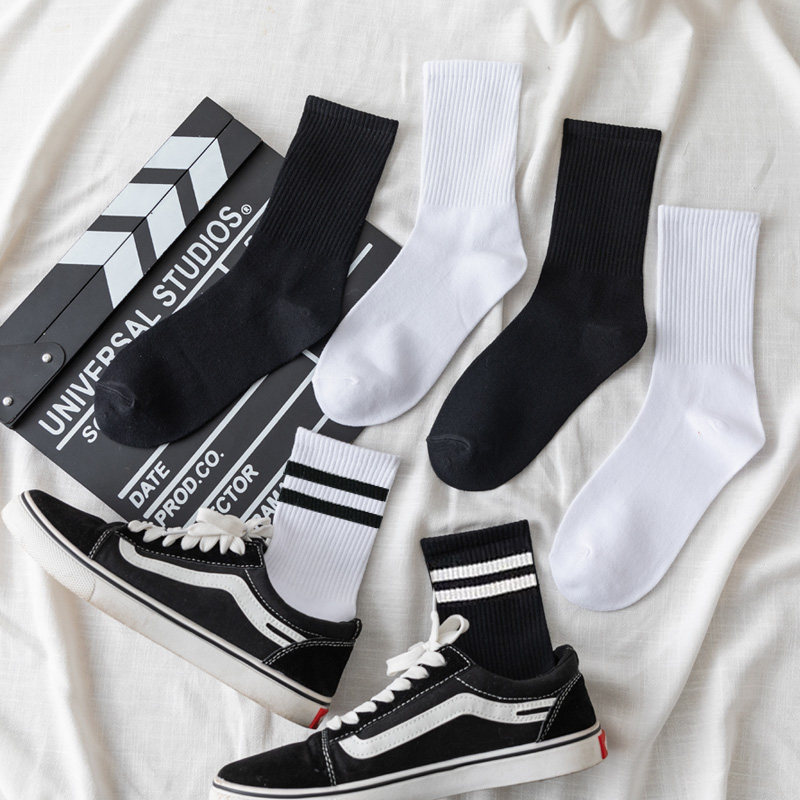 Black socks Women's Japanese cotton bottom middle tube socks ins tide high tube men's and women's stockings White cotton socks sweat absorption deodorant