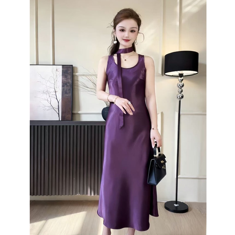 [Double-Sided Gold-Embellished Satin] High-End Satin Dress for Women, New Summer Style Sleeveless Vest Dress, Fishtail Skirt
