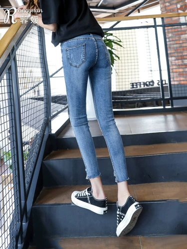Джинсовые весенние летние тонкие штаны, приталенный карандаш, высокая талия, облегающий крой, подходит для подростков