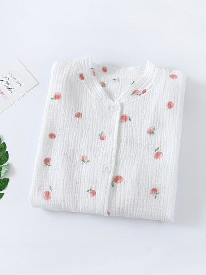 Japanese-Style Women's Pajama Top, Single Piece, Long-Sleeved Cardigan, Spring, Autumn, and Summer Thin Pure Cotton Gauze Double-Layer Crepe Home Wear