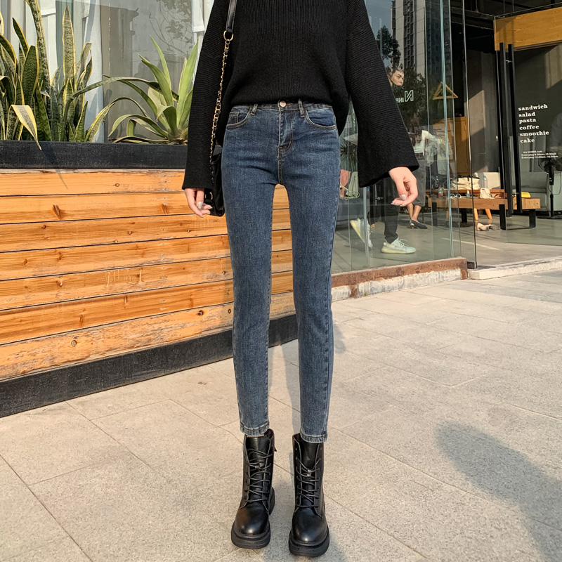 Jeans women's 2021 spring and summer new high-waisted dark blue tight thin velvet thickened outside wear smoke pipe pants