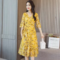 Mát aga mùa thu thời trang V-Cổ ngắn tay in tính khí hoang dã phần dài eo dress 8028 váy hoa