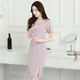 Mát gamma new solid color ngắn tay vòng cổ xu hướng Hàn Quốc phiên bản của slim slimming dài dress 8908 đầm dành cho người mập 70kg