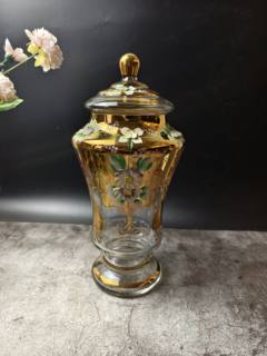 波西米亚穆拉诺真金描绘水晶玻璃中古罐收藏摆设糖果罐首饰收纳罐