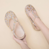 2021 summer new printed hole shoes women flat crystal jelly cool slippers non-slip seaside sandals beach shoes