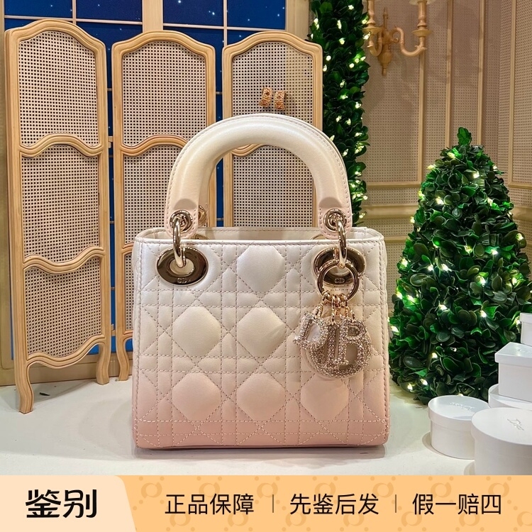 【Kkkk】Dior Lady Dior Three-Compartment Princess Diana Crossbody Handbag Mini Rose Pink and White