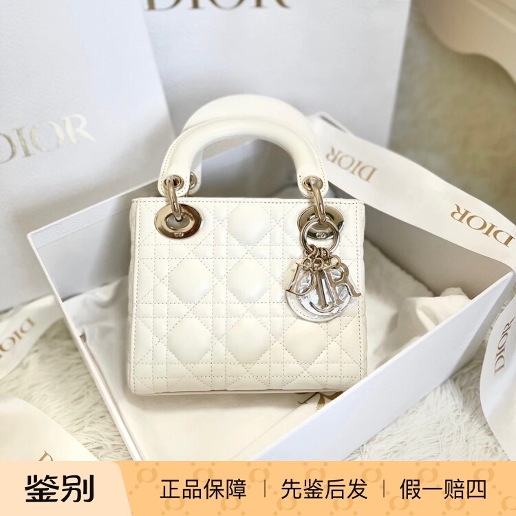 【Kkkk】Dior Lady Dior Mini Three-Compartment Princess Diana Shoulder Crossbody Handbag in Cream White